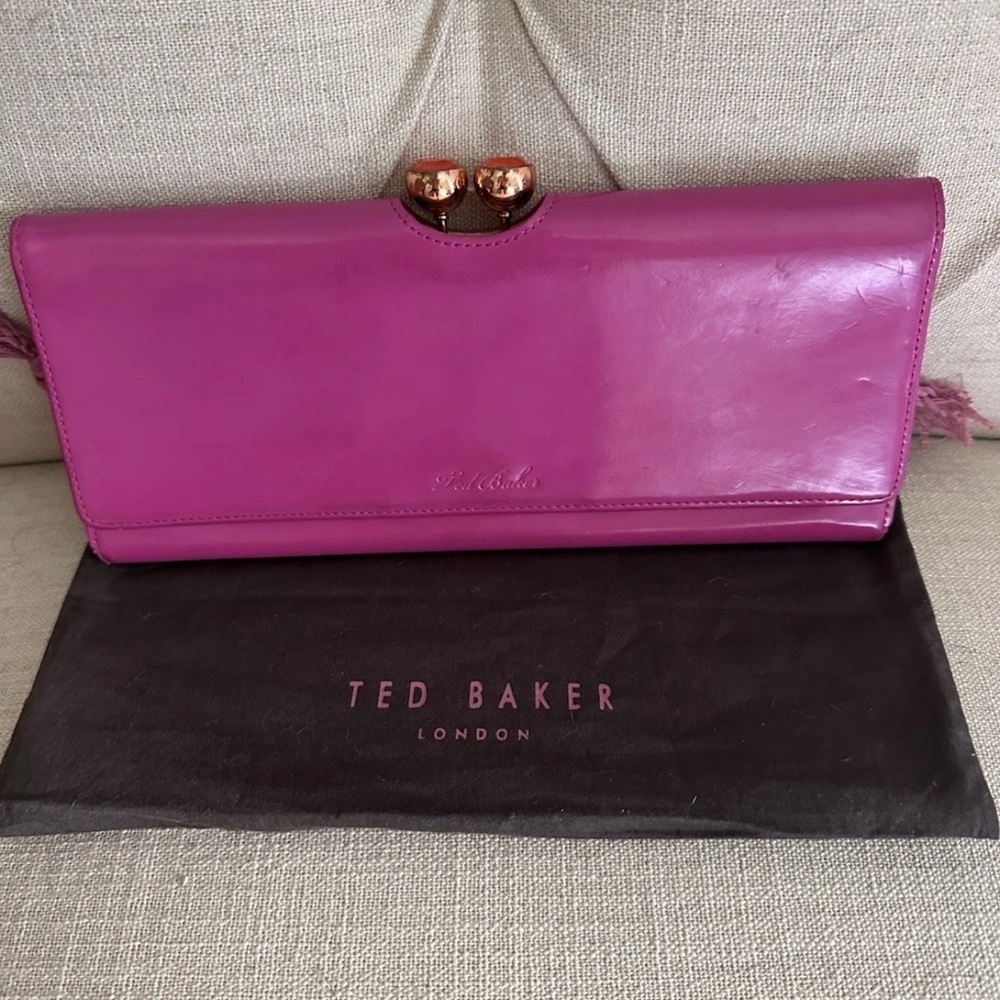 *Rare* Extra Long Ted Baker Matinee Fuchsia Clutch Wallet with Gold Accents